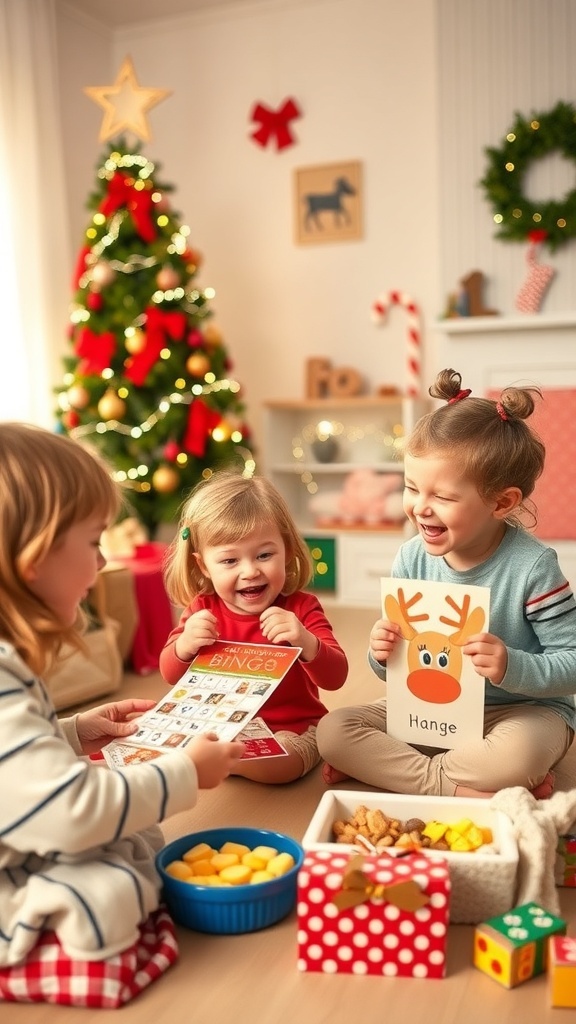 Fun Christmas Games for Young Kids Kids playing Christmas games in a decorated living room with a Christmas tree.